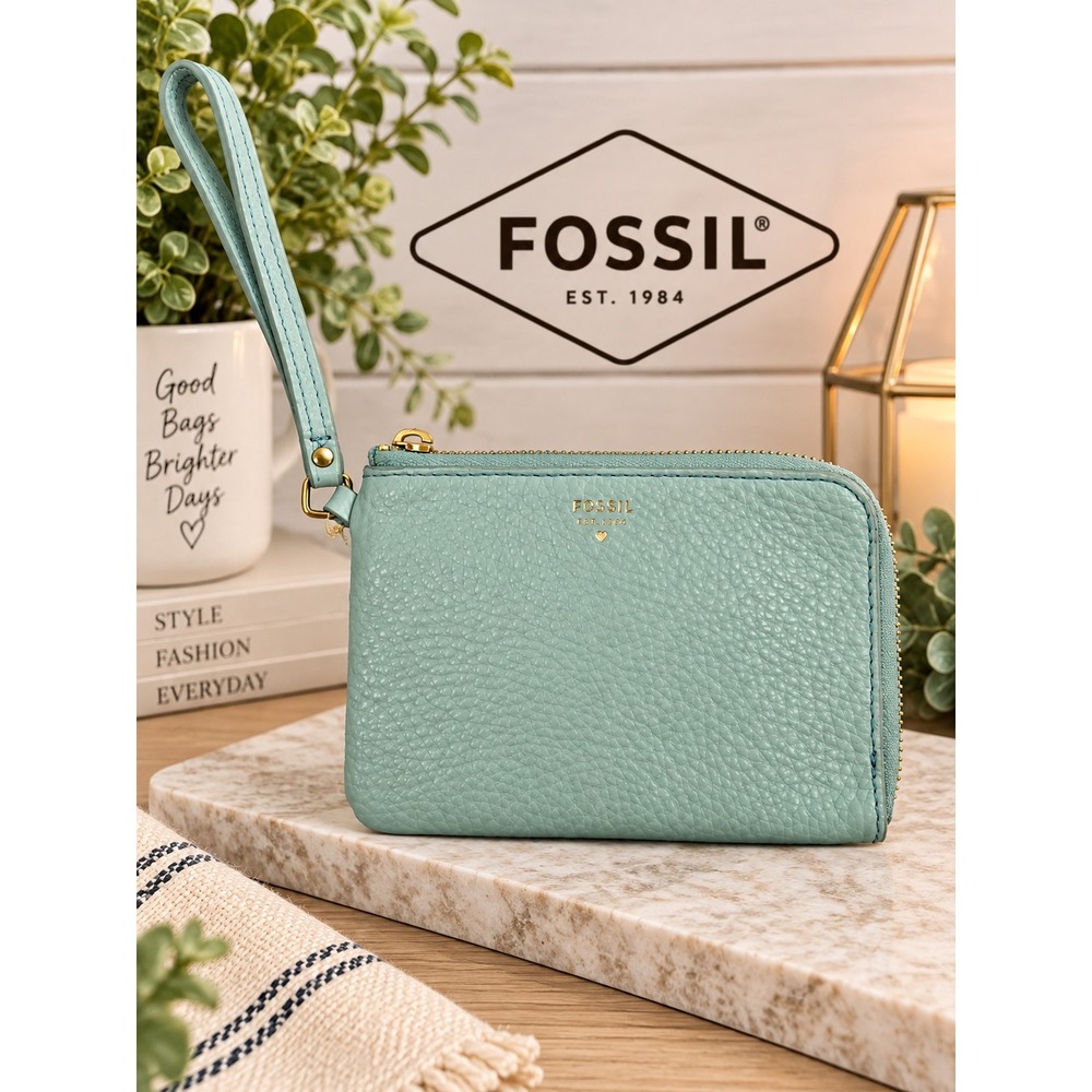 Fossil Logan Zip Card Case Wallet Mint Green Pebbled Leather Wristlet SL7828